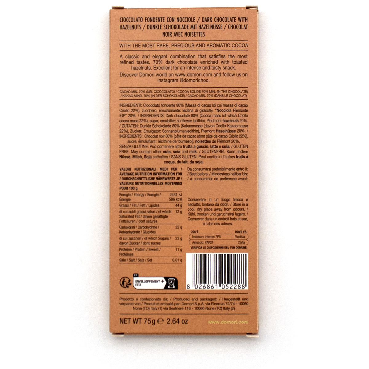 Domori Hazelnuts in Criollo 80% Dark Chocolate Bar - 75g
