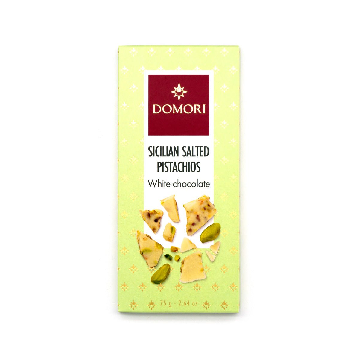 DOMORI Sicilian Salted Pistachios white chocolate packaging on a light green background