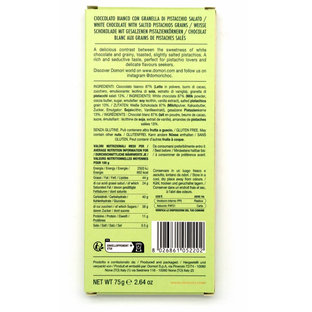 Back of a chocolate packaging with text and nutritional information on a white background