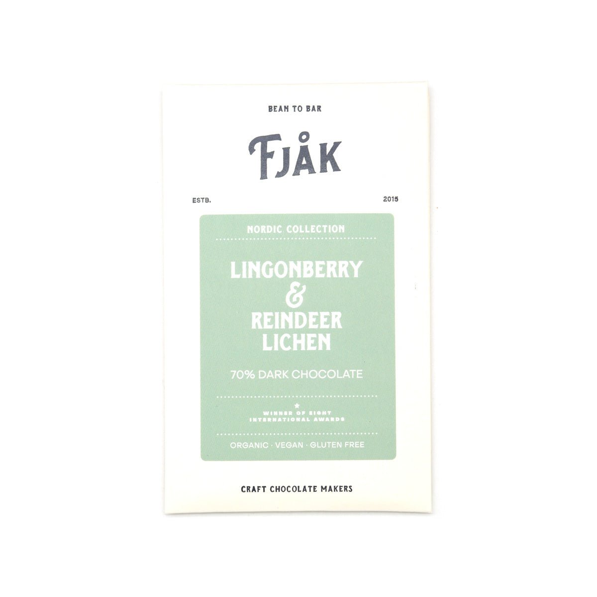 A vertical white chocolate bar packaging card for Fjåk Nordic Collection Lingonberry & Reindeer Lichen 70% Dark Chocolate, featuring a light sage green central label on a white background.