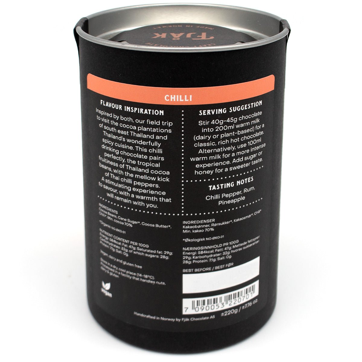 Fjak Chilli 70% Single Origin Dark Drinking Chocolate Canister - 220g