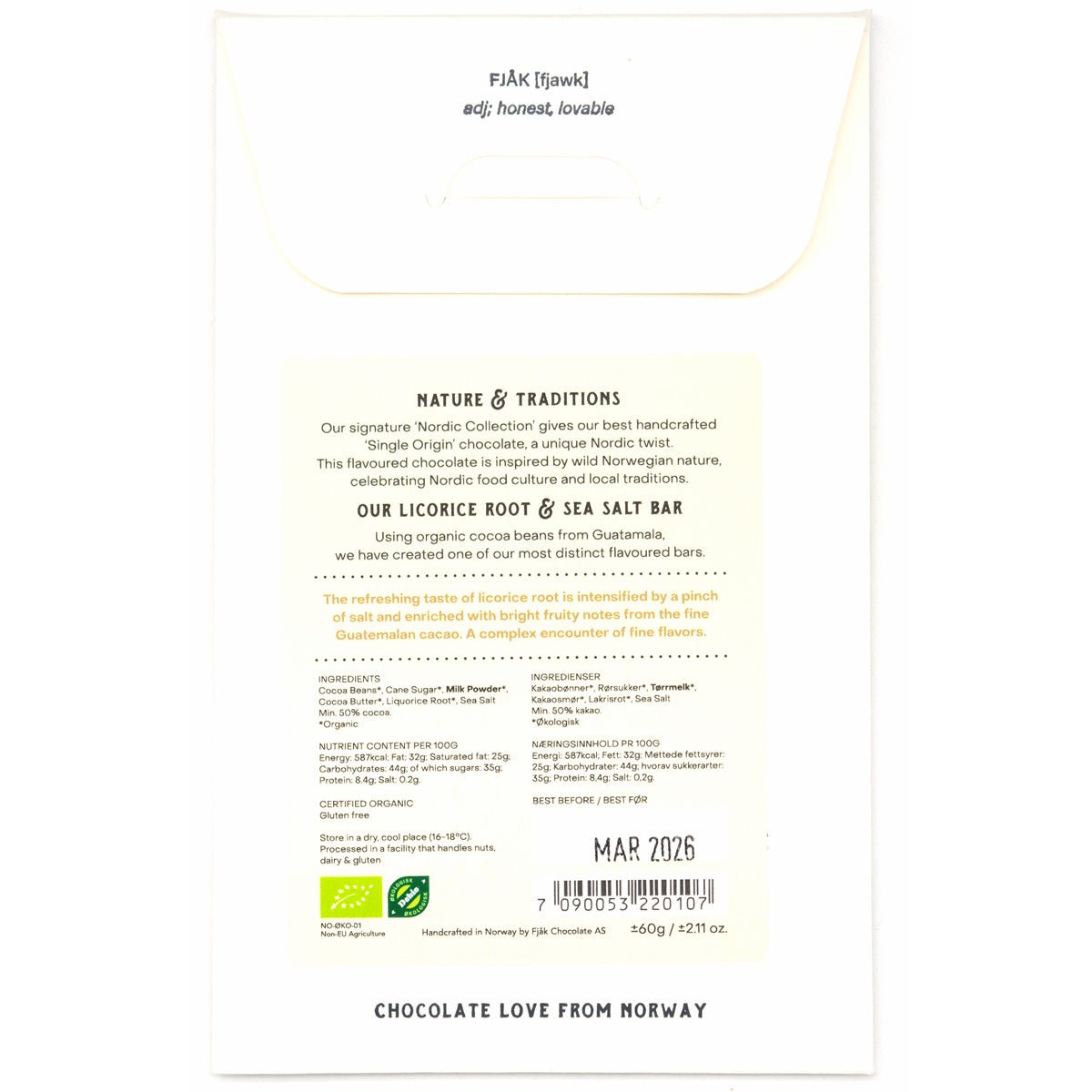 Fjak Licorice Root and Sea Salt 50% Milk Chocolate Bar - 60g