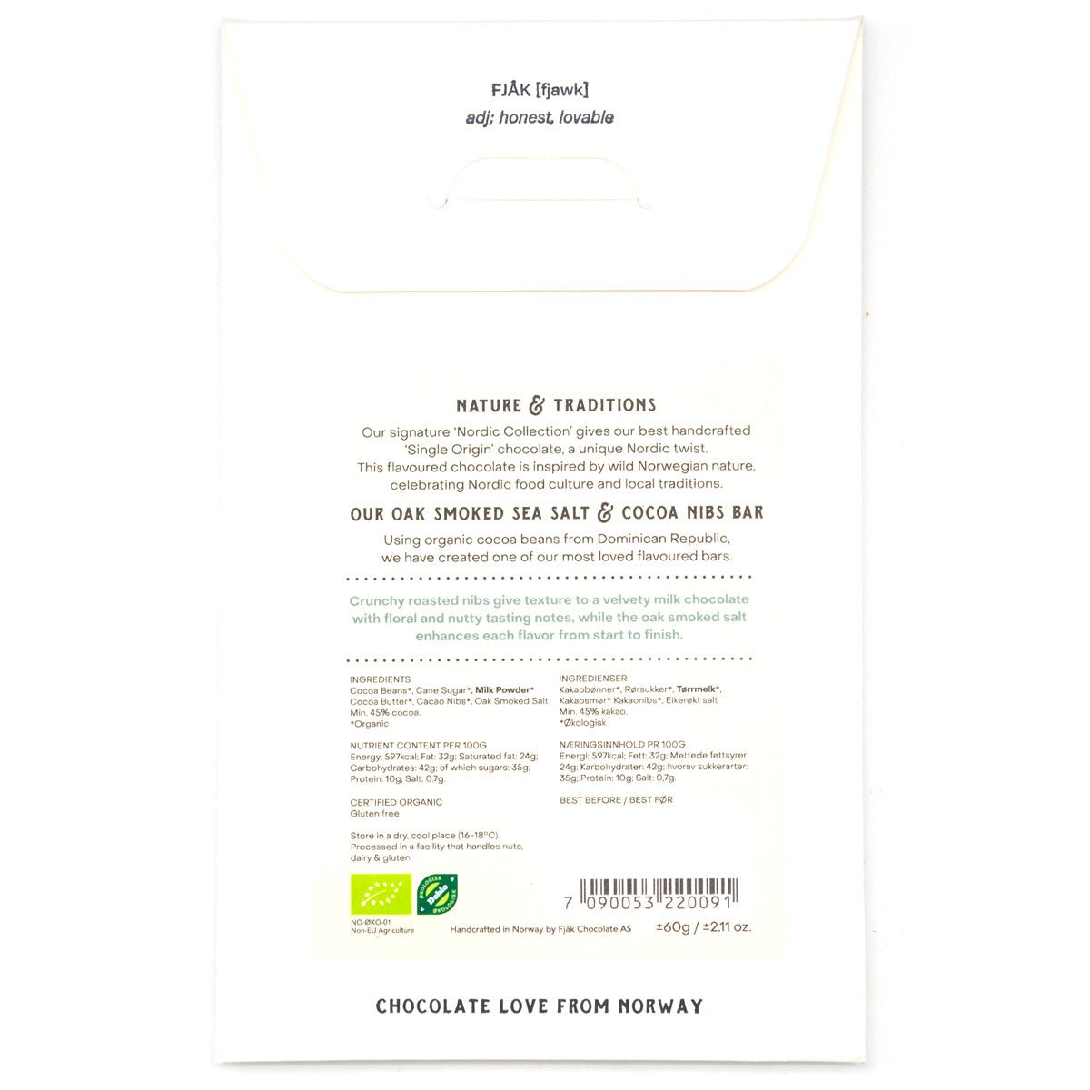 Fjak Oak Smoked Salt and Cocoa Nibs 45% Milk Chocolate Bar - 60g