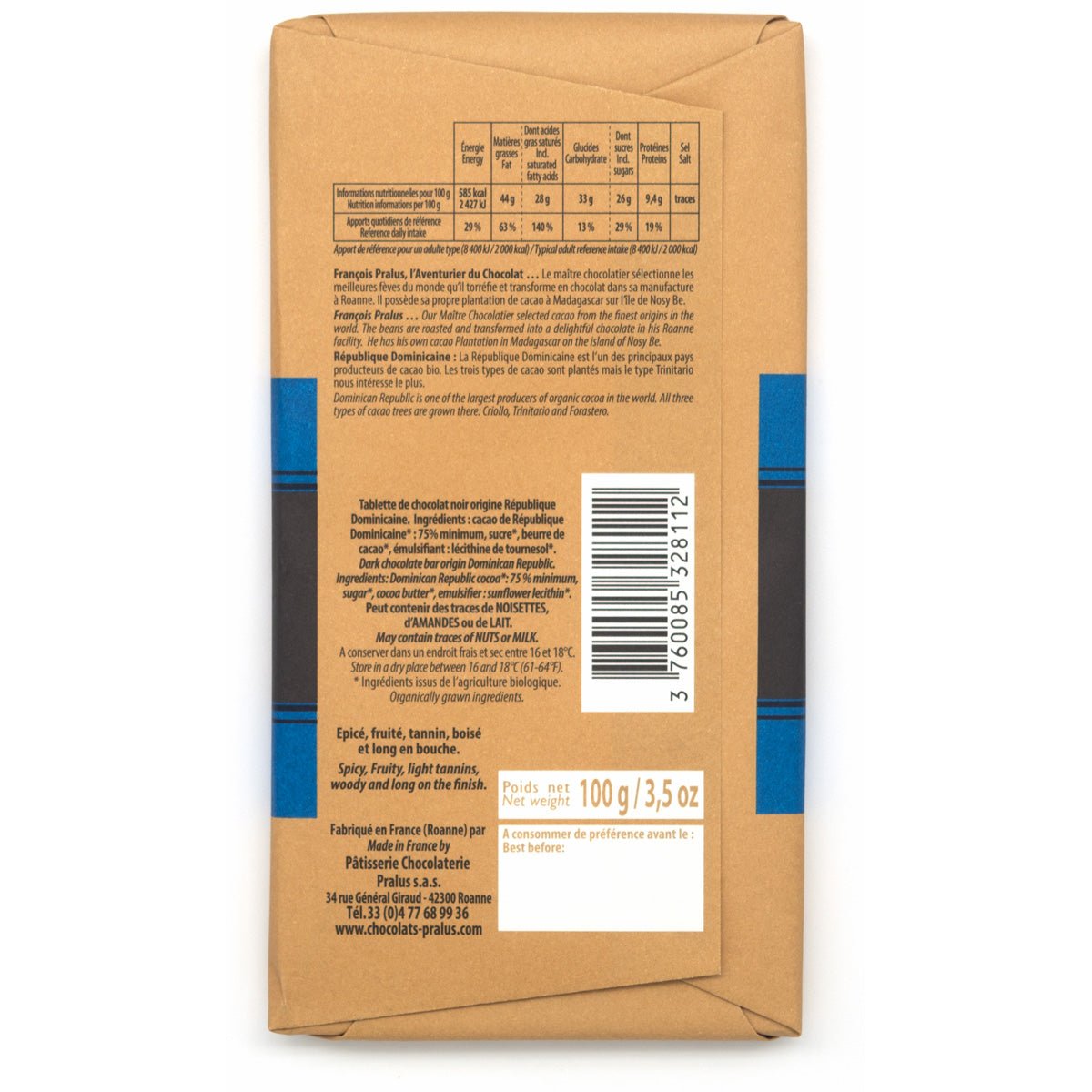 Pralus Republique Dominicaine BIO 75% Single Origin Dark Chocolate Bar - 100g