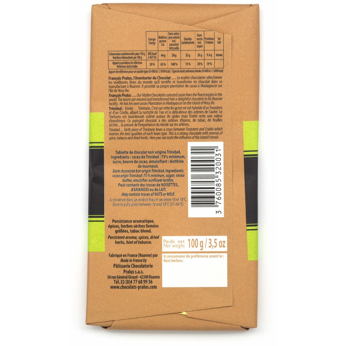Pralus Trinidad 75% Single Origin Dark Chocolate Bar - 100g