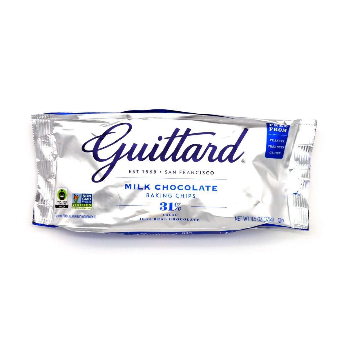 Guittard milk chocolate baking chips packaging on a white background