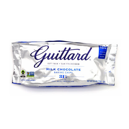 Guittard milk chocolate baking chips packaging on a white background