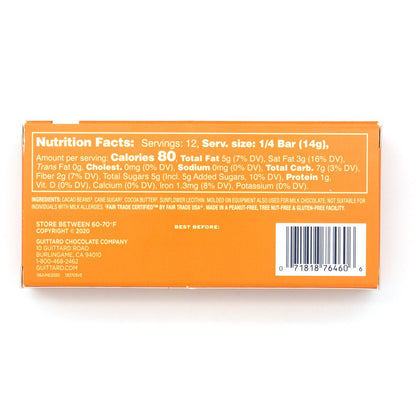 Nutrition facts label on an orange chocolate bar package with a white background