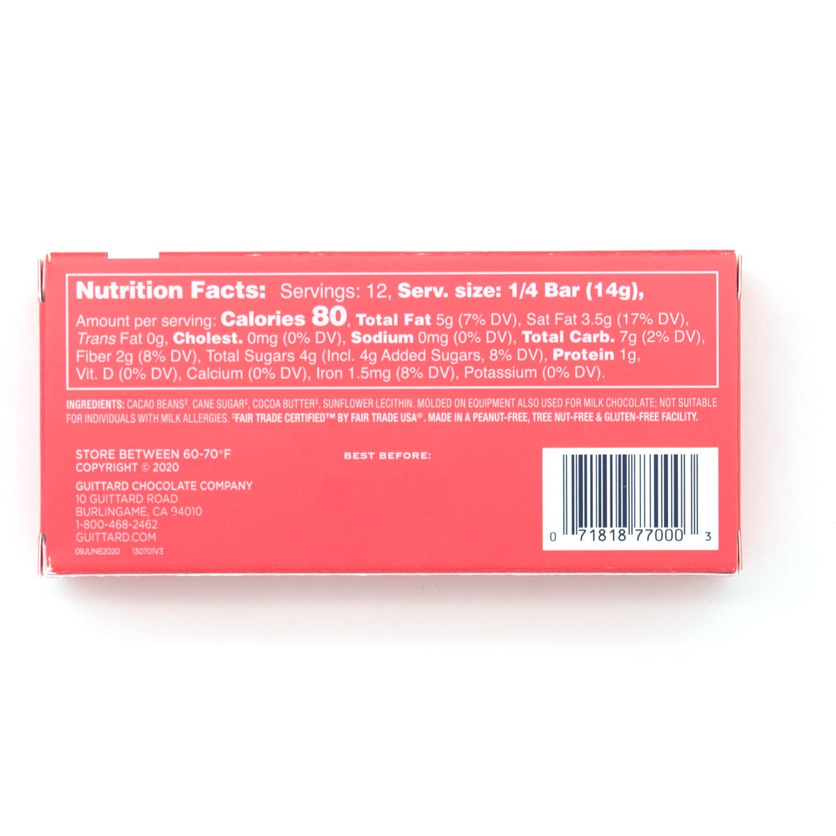 Nutrition facts label on a red bar of chocolate with a white background