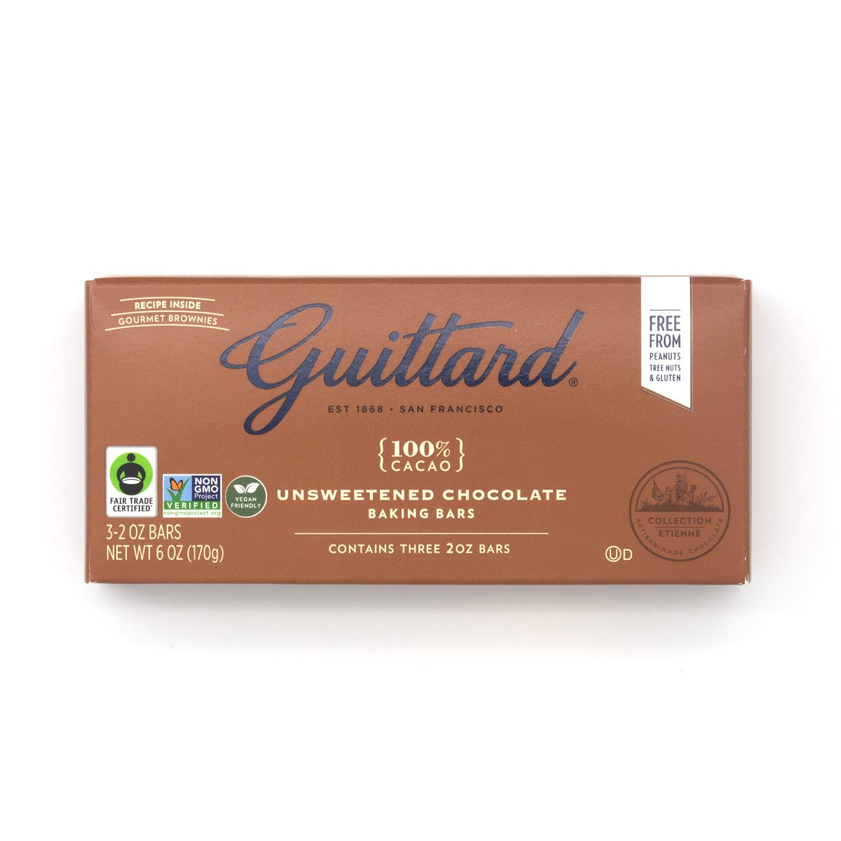 Box of Guittard 100% Cacao unsweetened chocolate baking bars on a white background