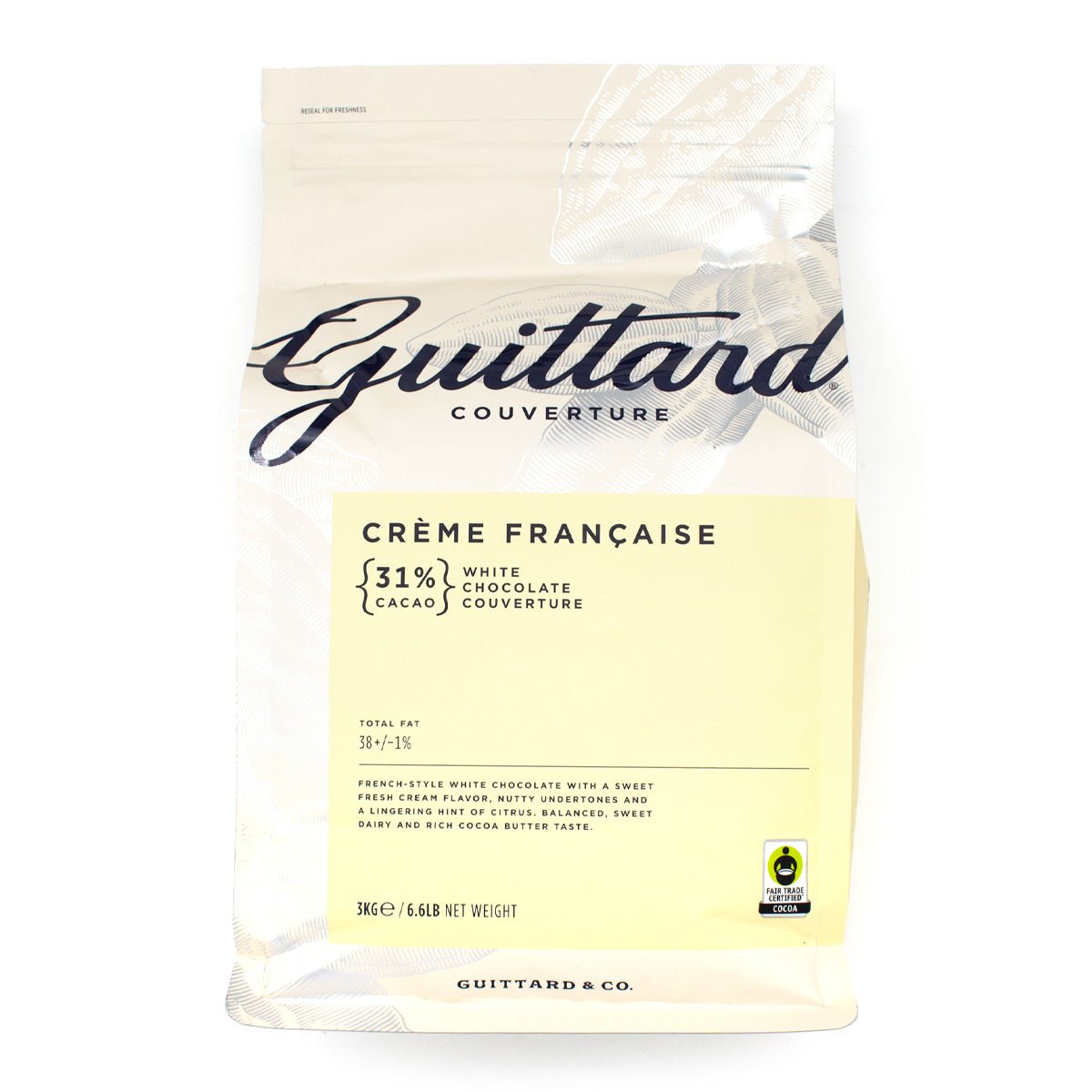 Guittard Creme Française white chocolate couverture packaging on a white background