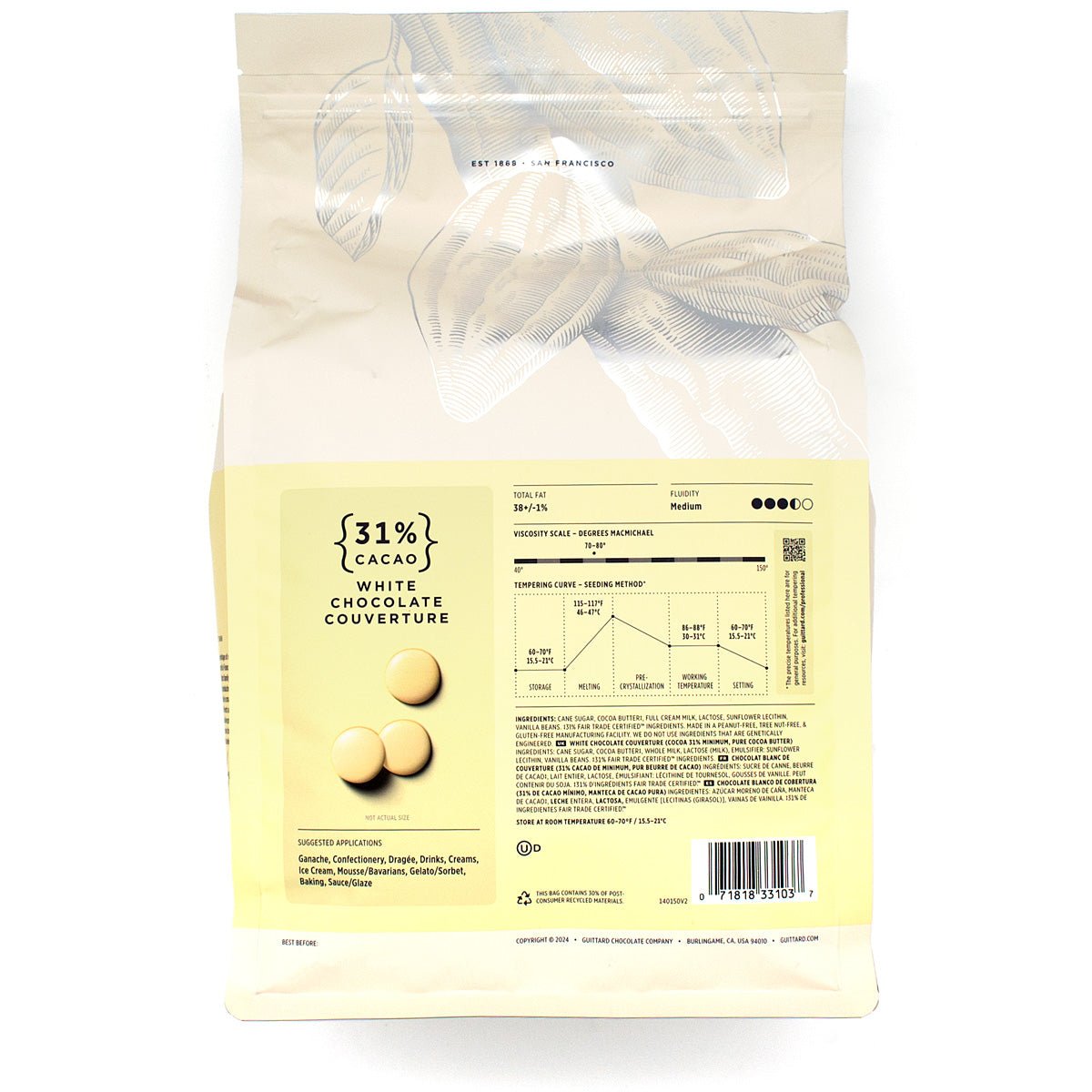 White chocolate couverture packaging with cacao percentage on a white background