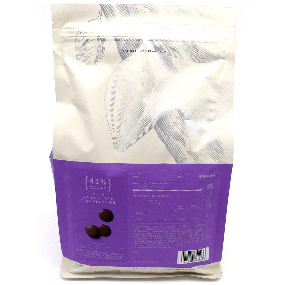 A 3 kg stand-up pouch of 41% Cacao Milk Chocolate Couverture, featuring a white upper section with a line-art cocoa bean illustration and a purple lower section displaying the brand and product details.