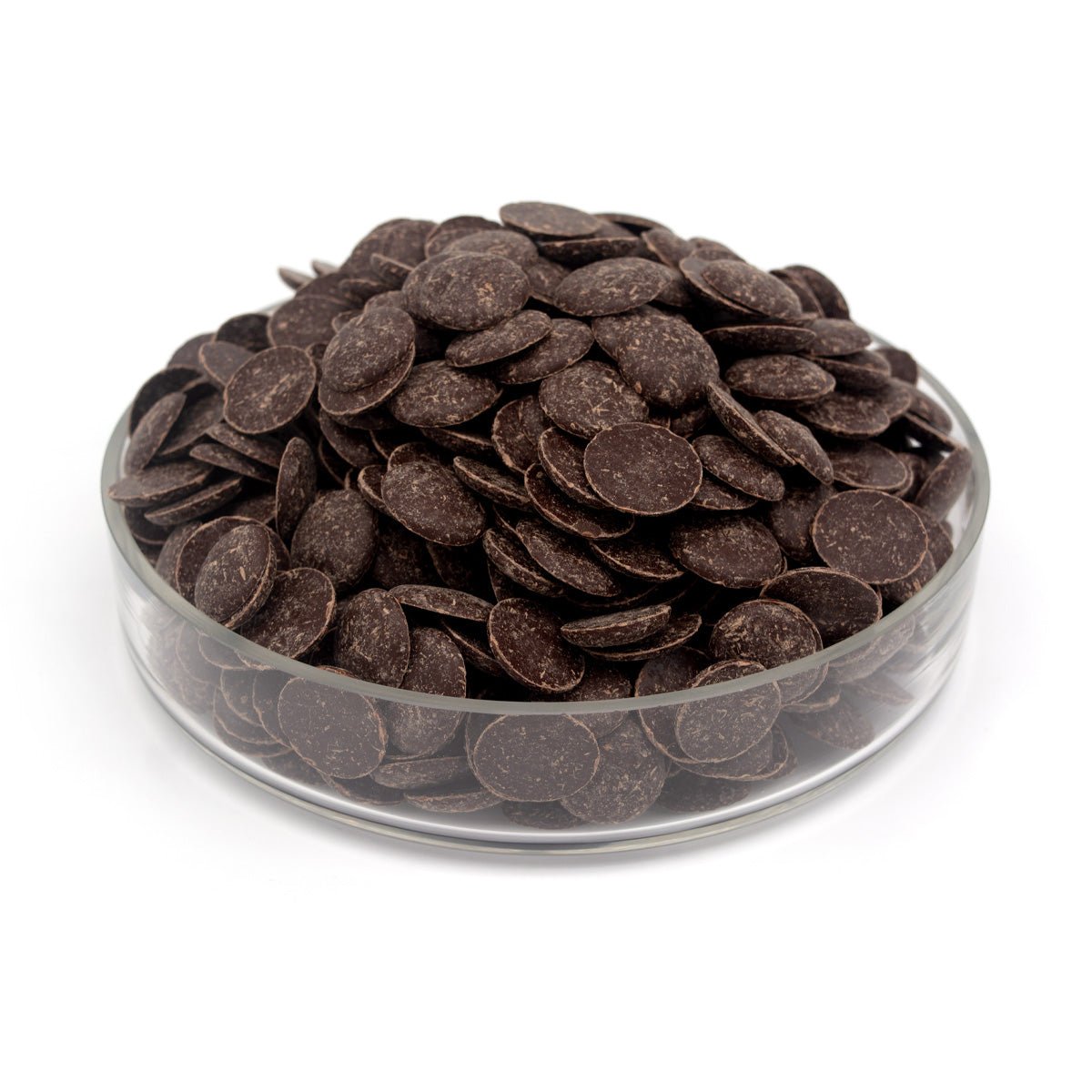 Glass container filled with dark chocolate wafers on a white background