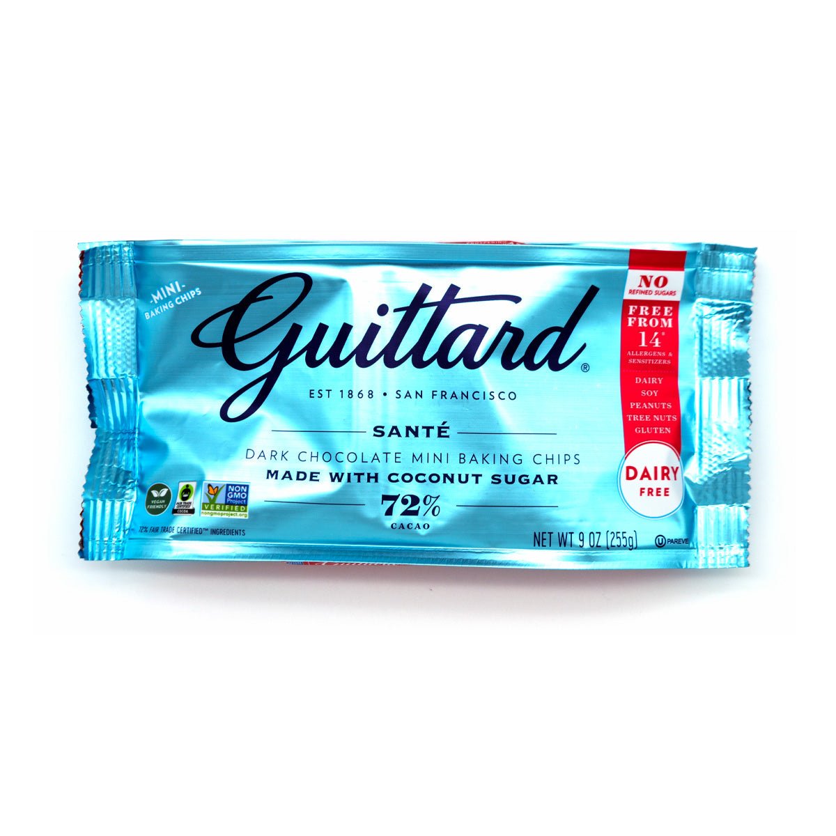 Guittard Sante dark chocolate mini baking chips packaging on a white background