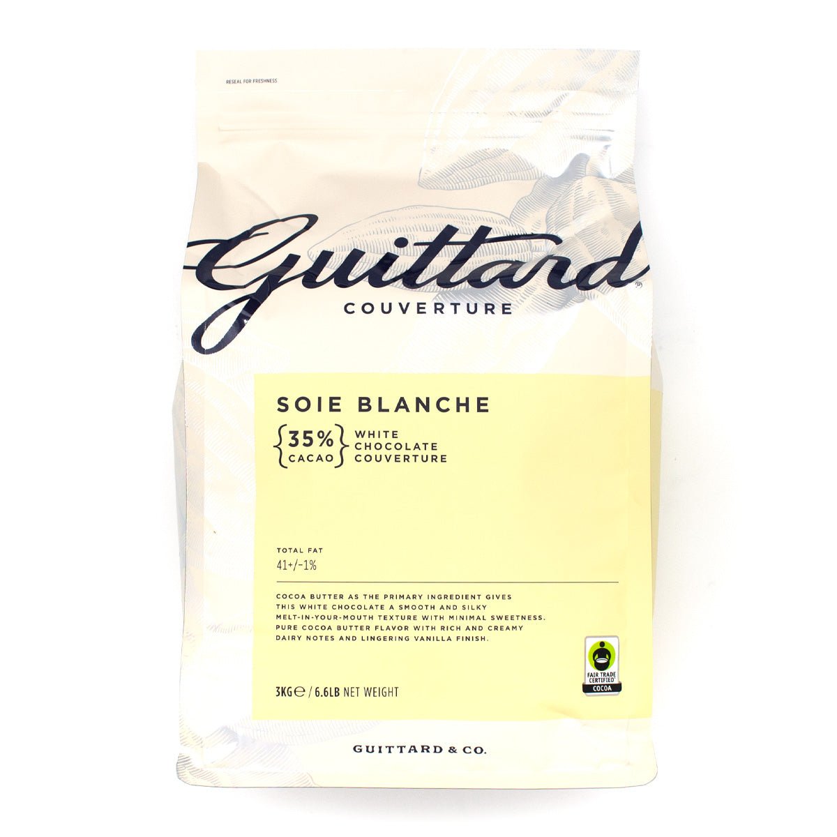 Guittard Soie Blanche white chocolate couverture packaging on a white background