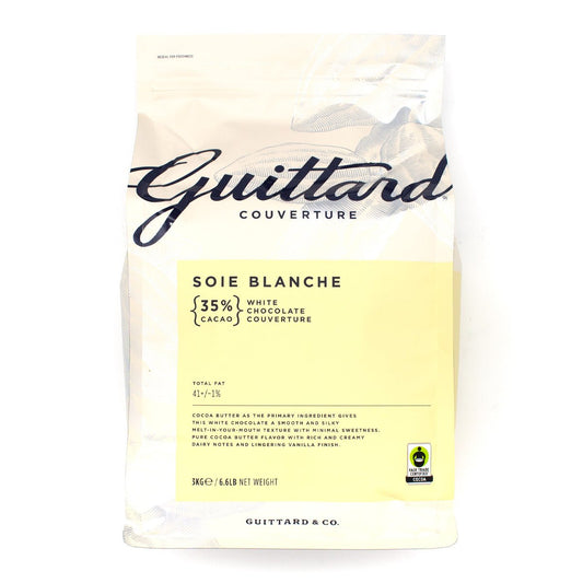 Guittard Soie Blanche white chocolate couverture packaging on a white background