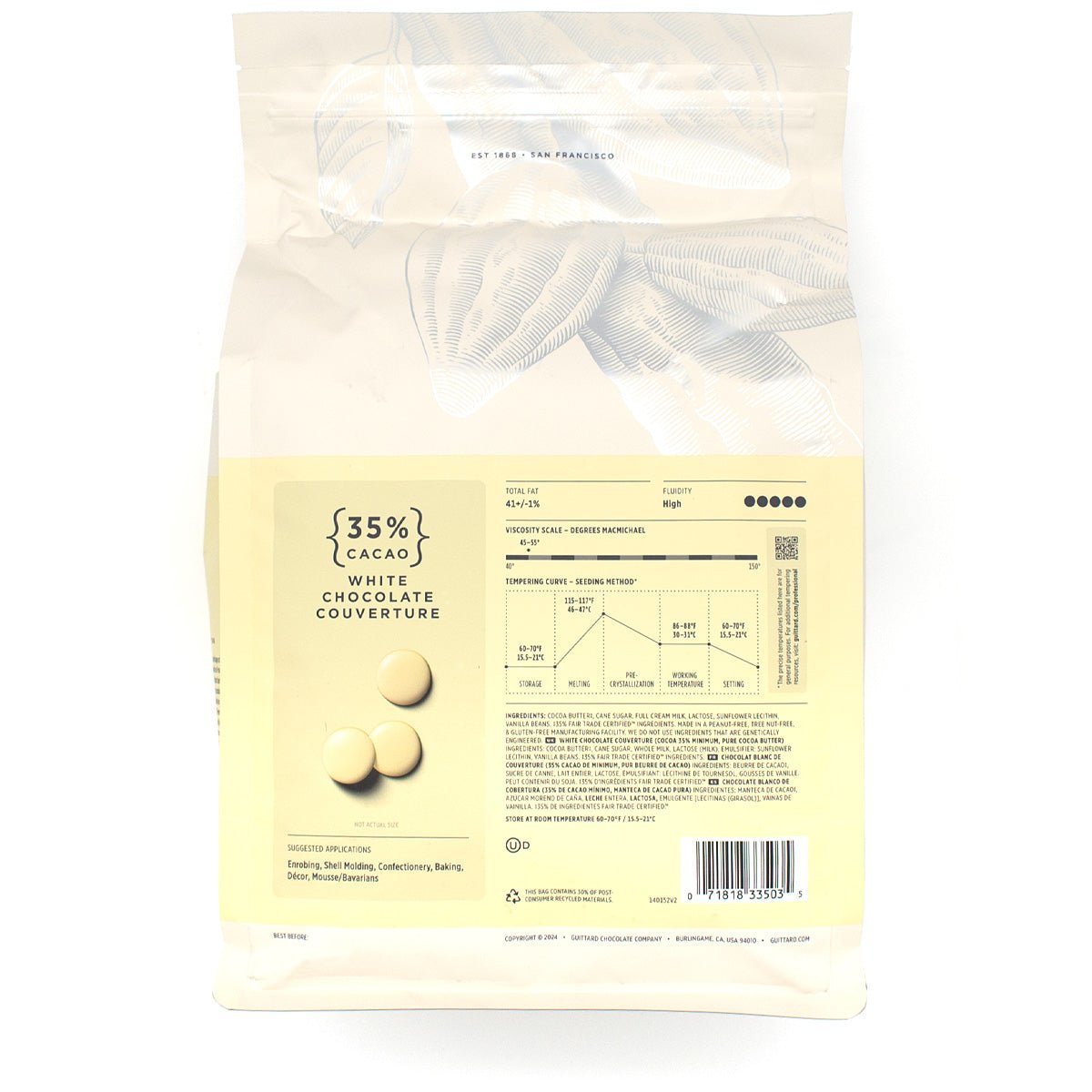 White chocolate couverture packaging with 35% cacao label on a white background