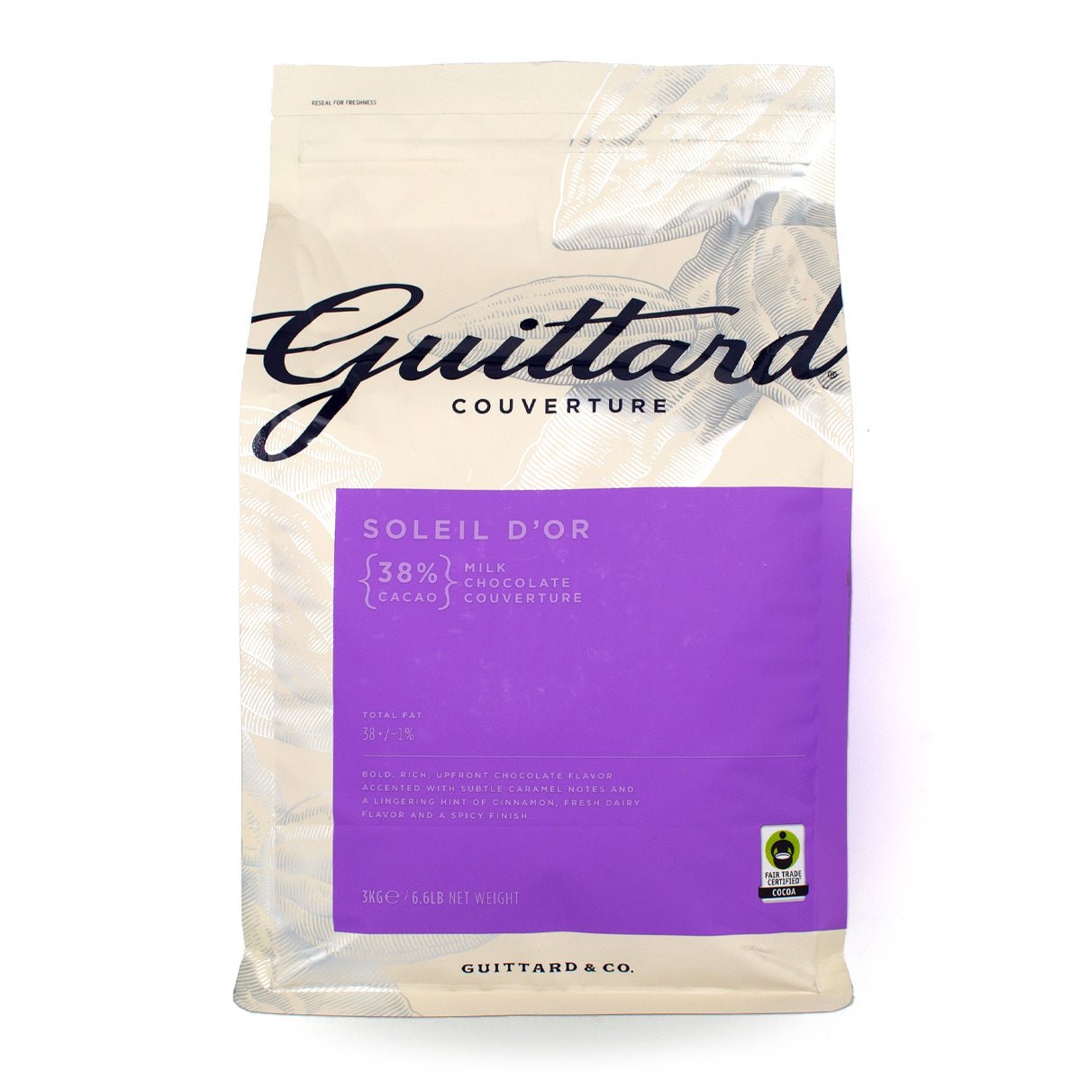 Guittard Couverture Soleil d'Or chocolate bag on a white background