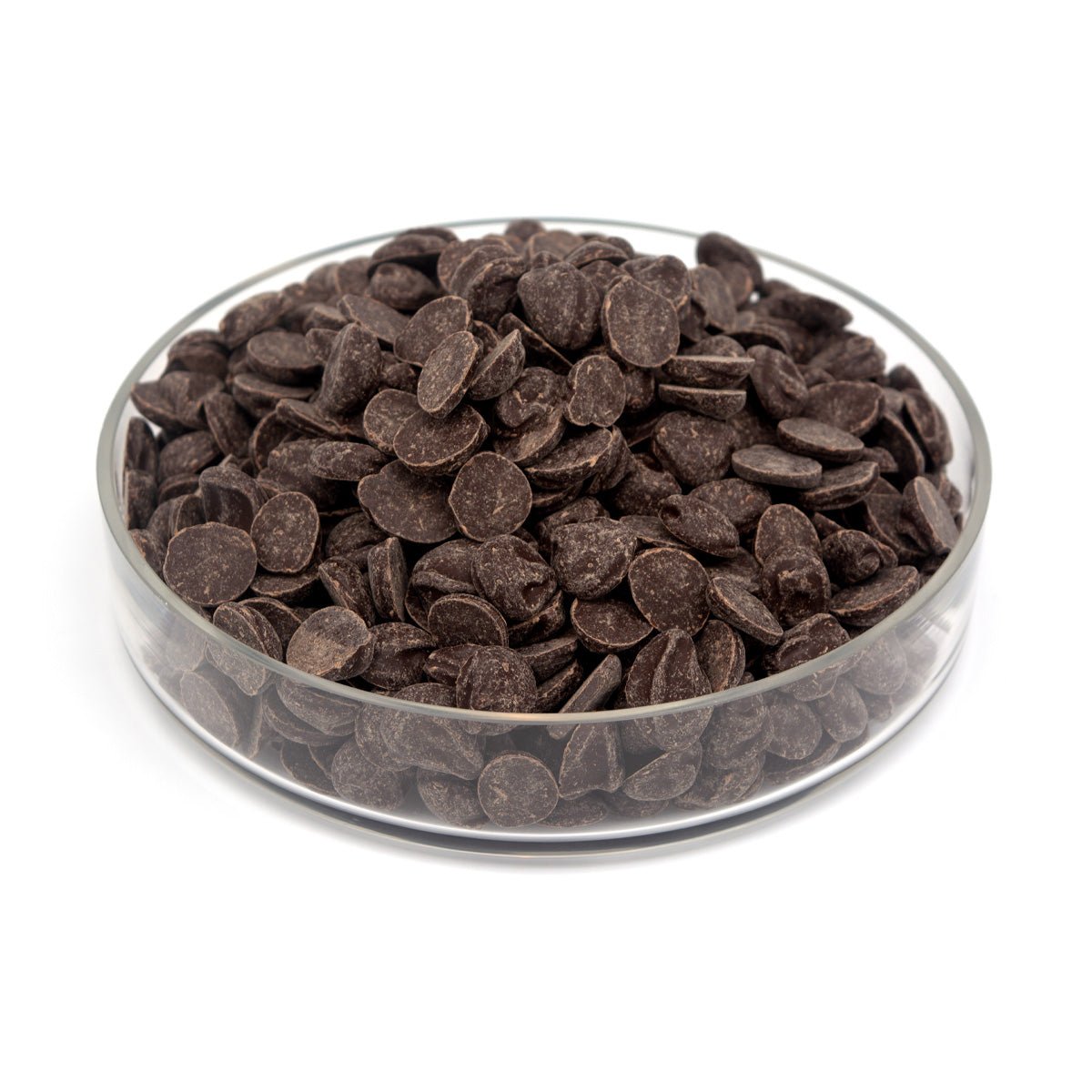 Glass bowl filled with dark chocolate chunks on a white background