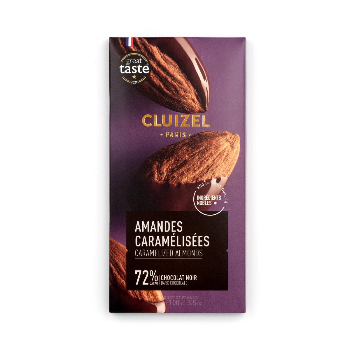 Cluizel caramelized almonds chocolate bar packaging on a white background