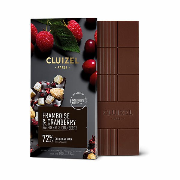 Cluizel raspberry and cranberry chocolate bar packaging with a piece of chocolate shown.