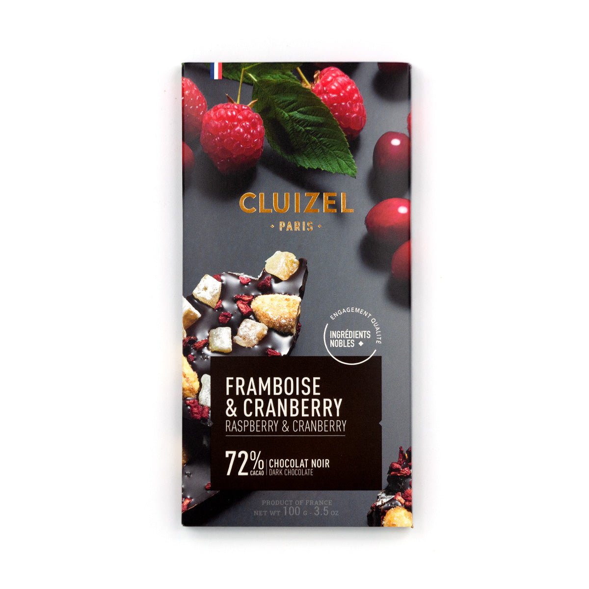 Cluizel raspberry and cranberry chocolate bar packaging on a white background