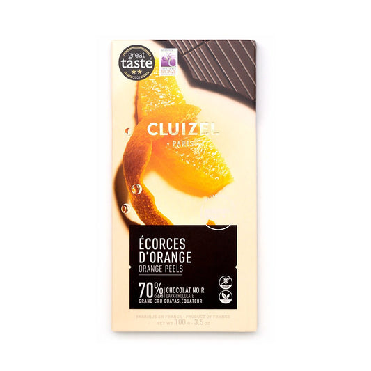 Cluizel orange peel chocolate bar packaging on a white background