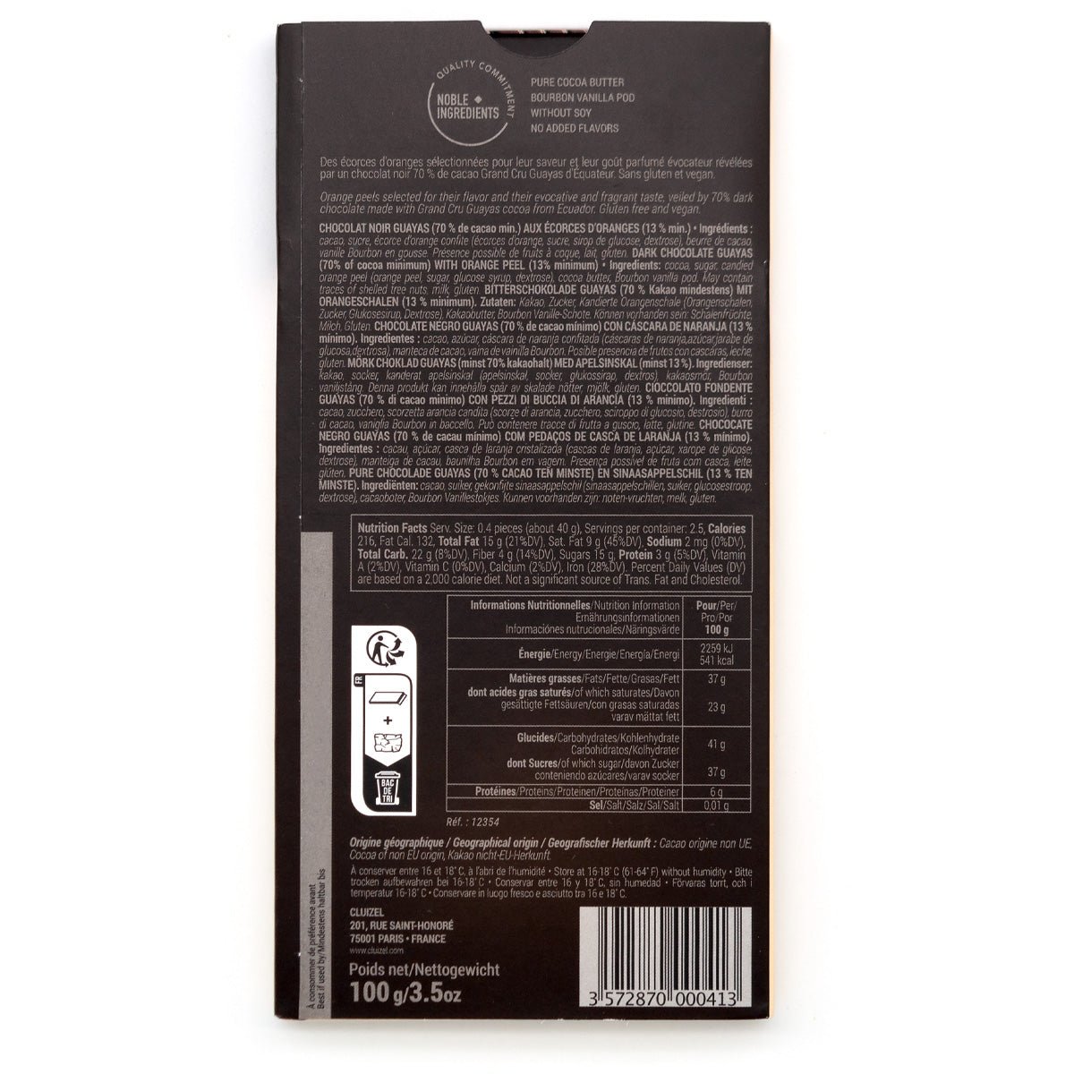 Back view of a dark chocolate bar packaging with text and symbols on a white background