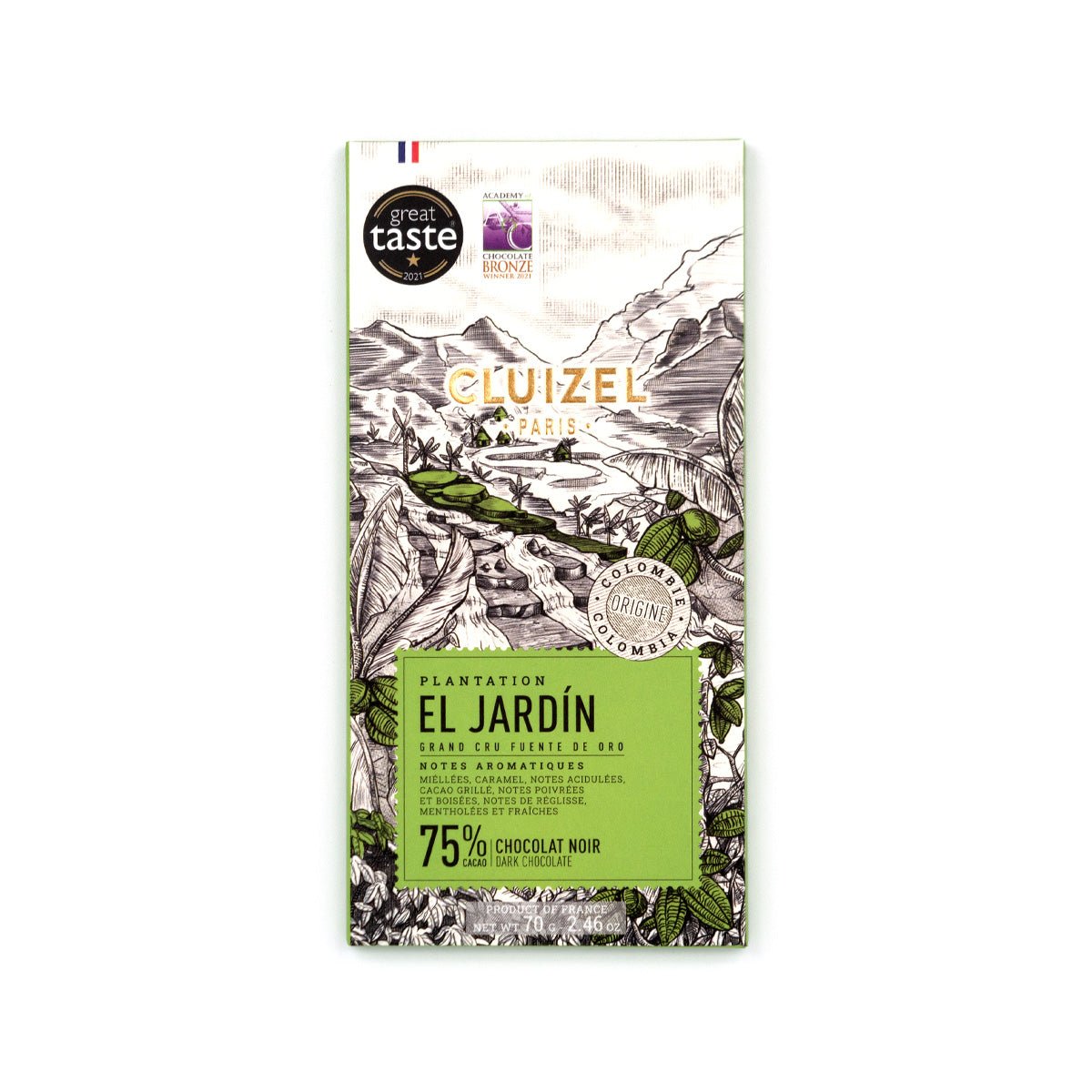 Cluizel chocolate bar packaging with mountain design and branding on a white background