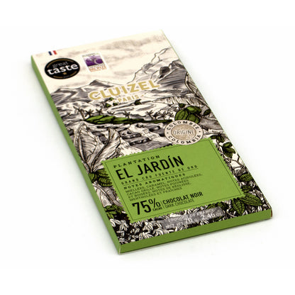 A 75% dark chocolate bar in its packaging, featuring a green and black botanical illustration of cacao trees with the brand name 'Cluizel' and product name 'El Jardin' on a white background.