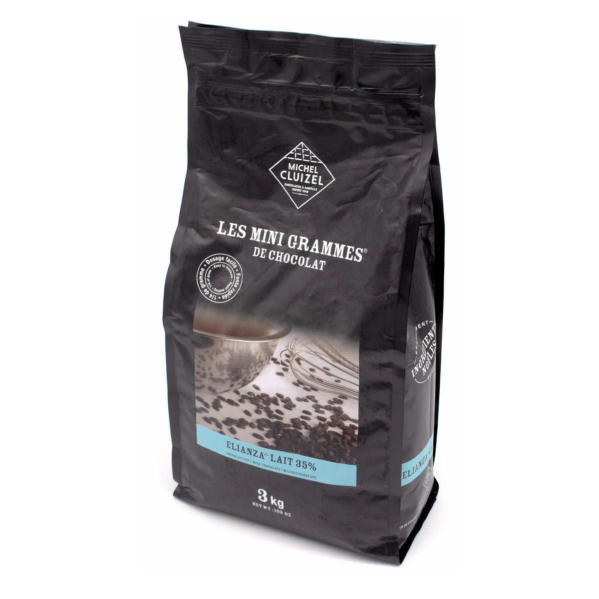 Black bag of chocolate chips with visible branding on a white background