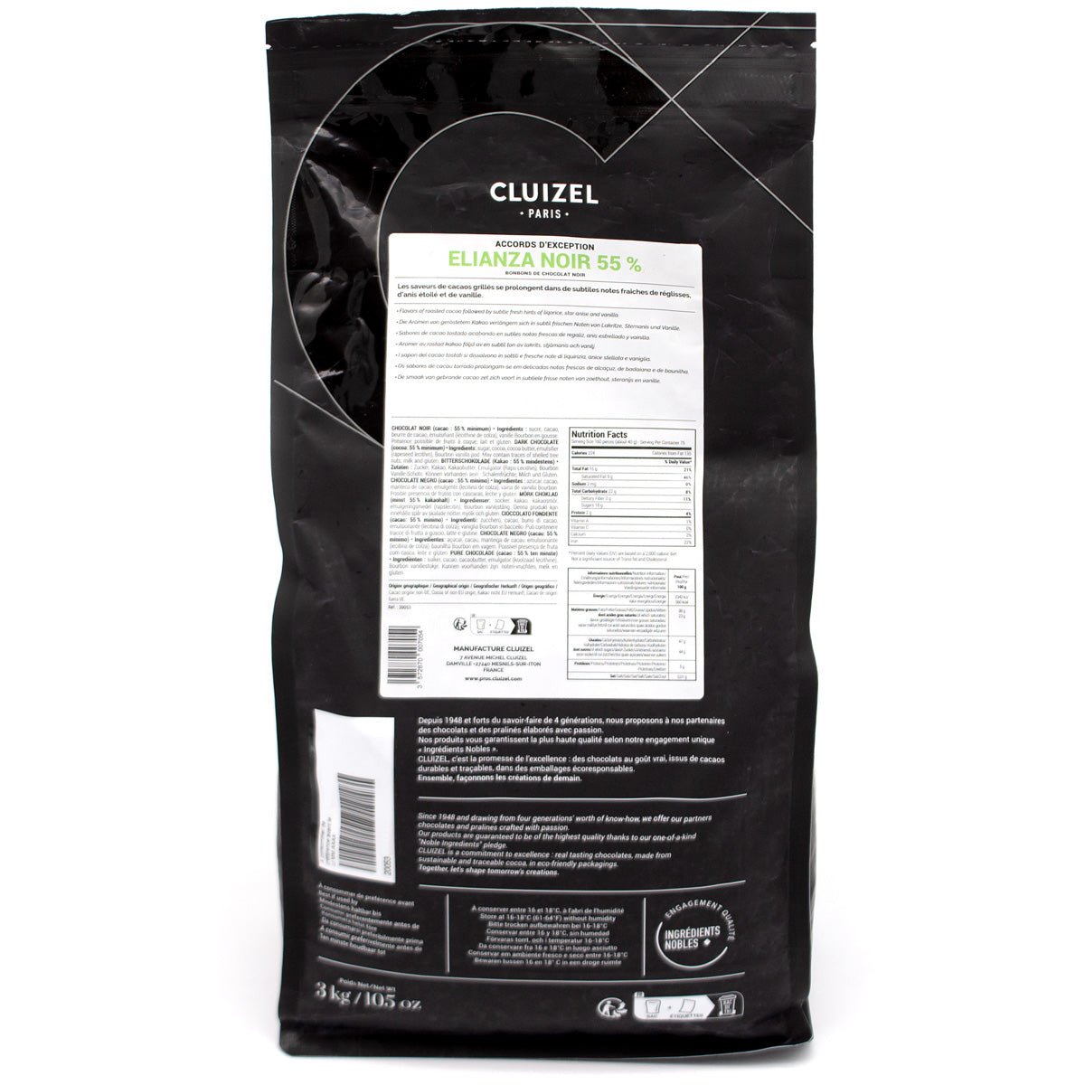 Black Cluizel chocolate packaging with label on a white background