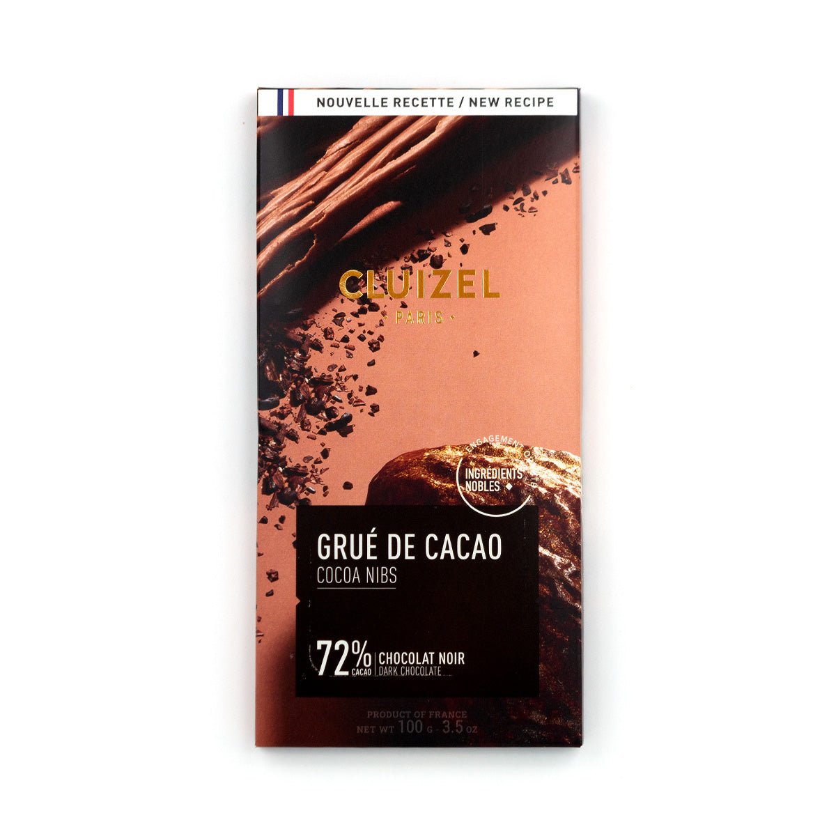 Michel Cluizel Grué de Cacao 72% Dark Chocolate & Nibs Bar - 100g
