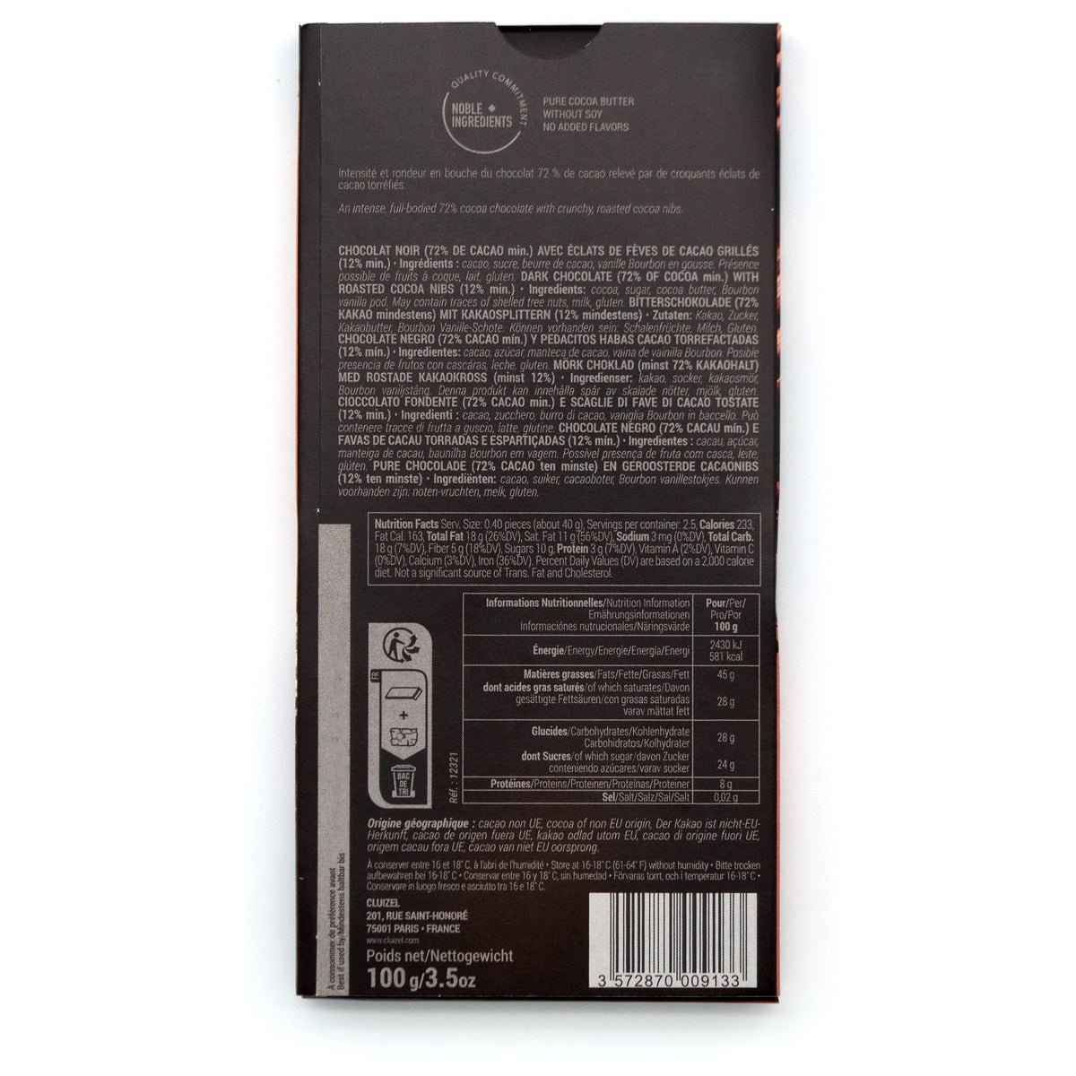 Michel Cluizel Grué de Cacao 72% Dark Chocolate & Nibs Bar - 100g