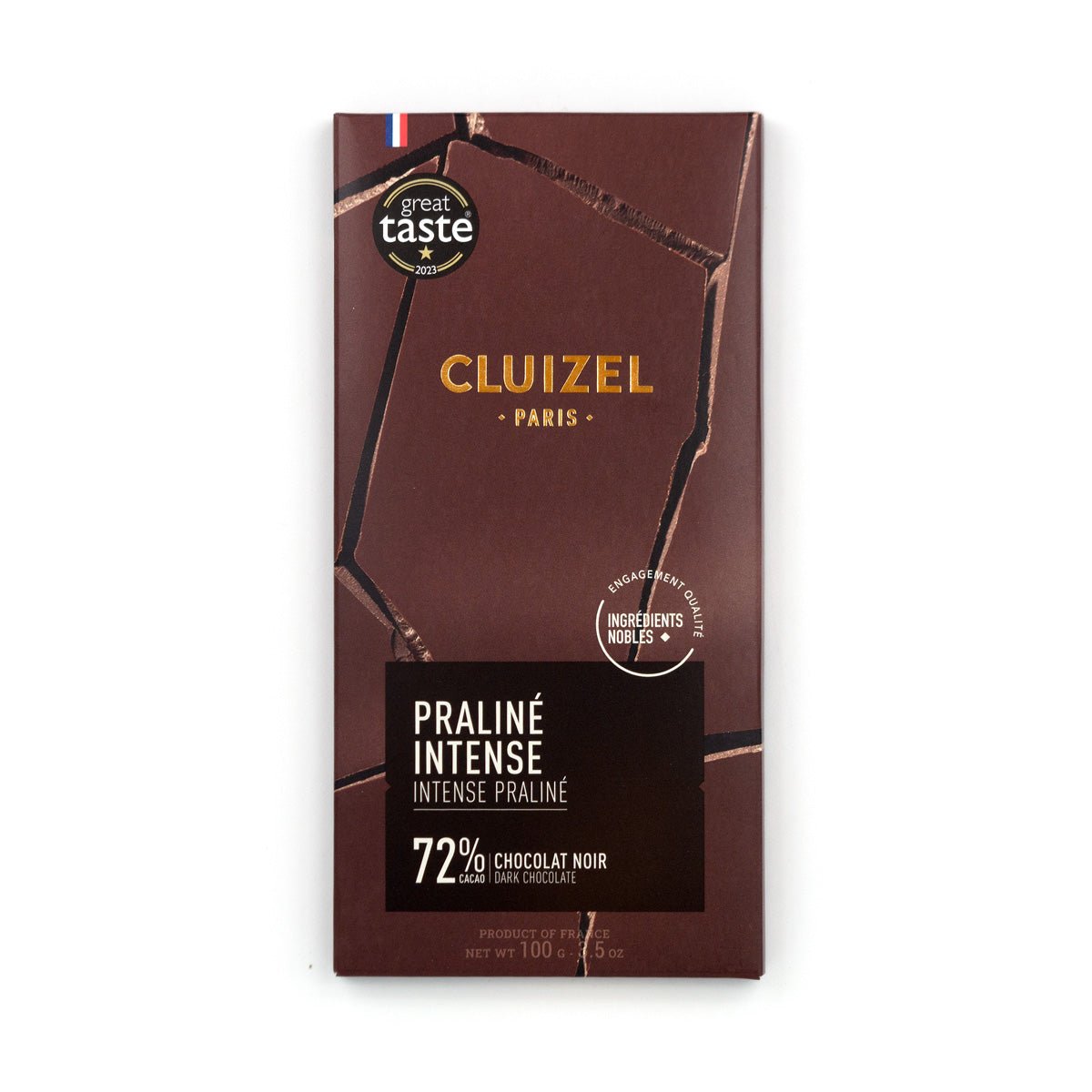 Cluizel Praliné Intense chocolate bar packaging on a white background