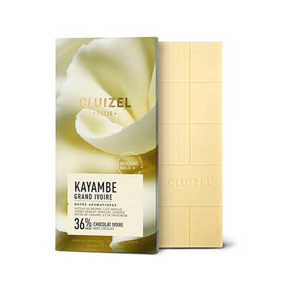 Cluizel Kayambe Grand Ivoire white chocolate bar packaging on a white background.