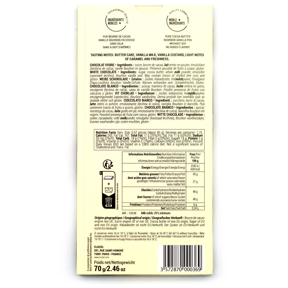Back of a chocolate bar packaging with nutritional information and ingredients listed.