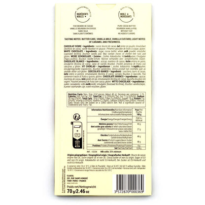 Back of a chocolate bar packaging with nutritional information and ingredients listed.