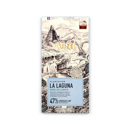 Cluizel chocolate bar packaging with artistic design and text on a white background
