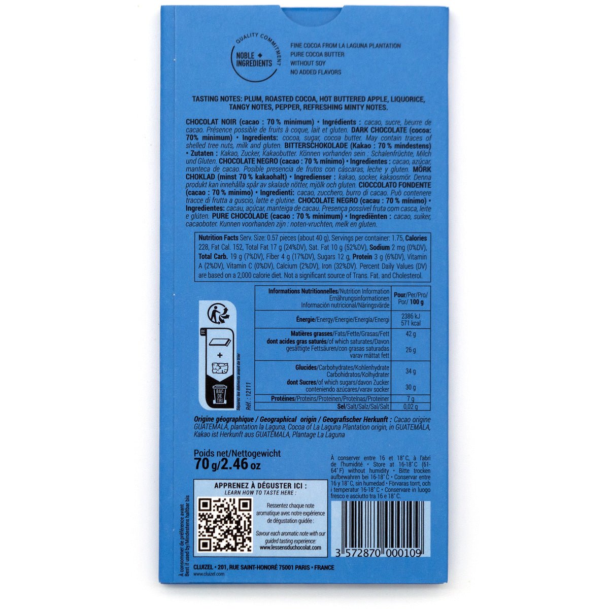 Blue chocolate bar packaging with text and QR code on a white background