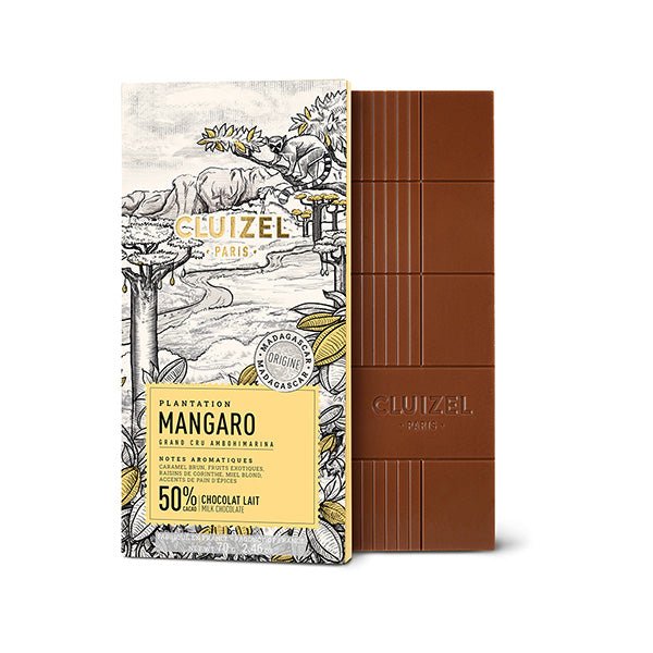 Cluizel chocolate bar with packaging featuring artistic design and brand name.