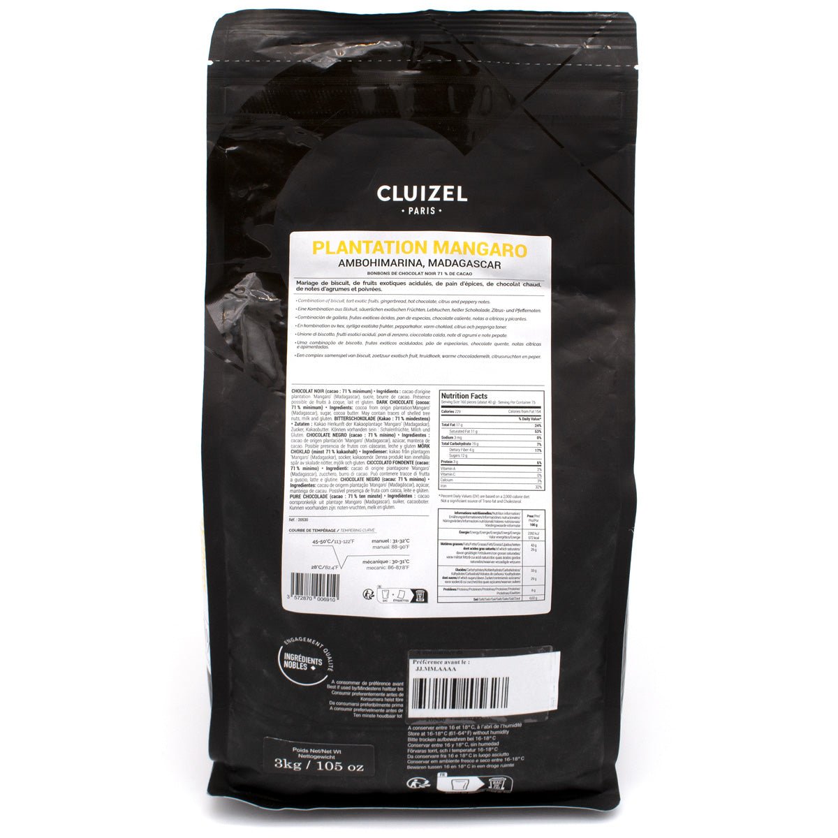 Black Cluizel chocolate packaging with a label on a white background