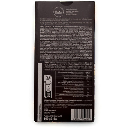 Back view of a chocolate bar packaging with text and bar code on a white background