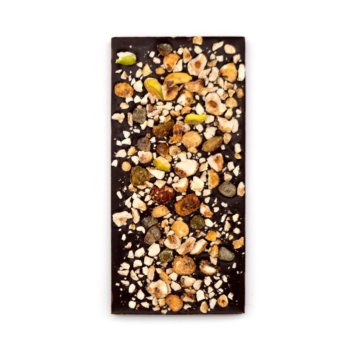 Dark chocolate bar with nuts and dried fruit on a white background