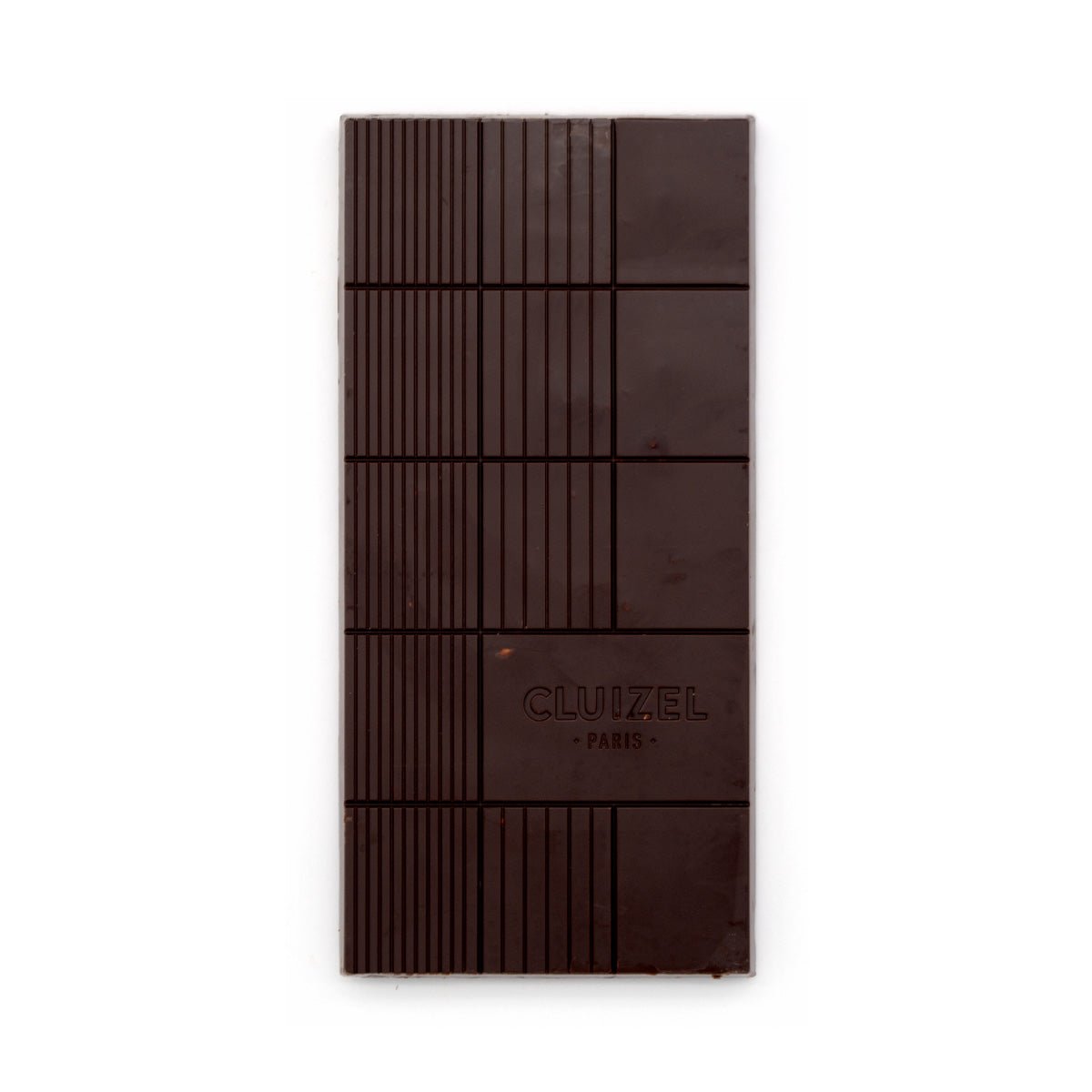 Dark chocolate bar with 'Cluizel' branding on a white background