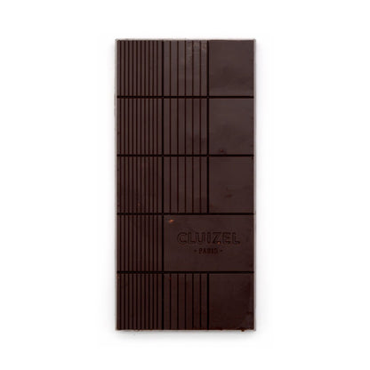Dark chocolate bar with 'Cluizel' branding on a white background