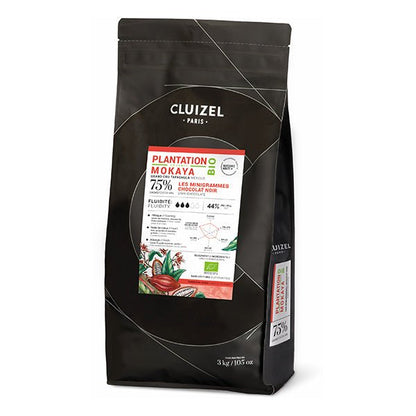 Black Cluizel chocolate packaging with a label on a white background