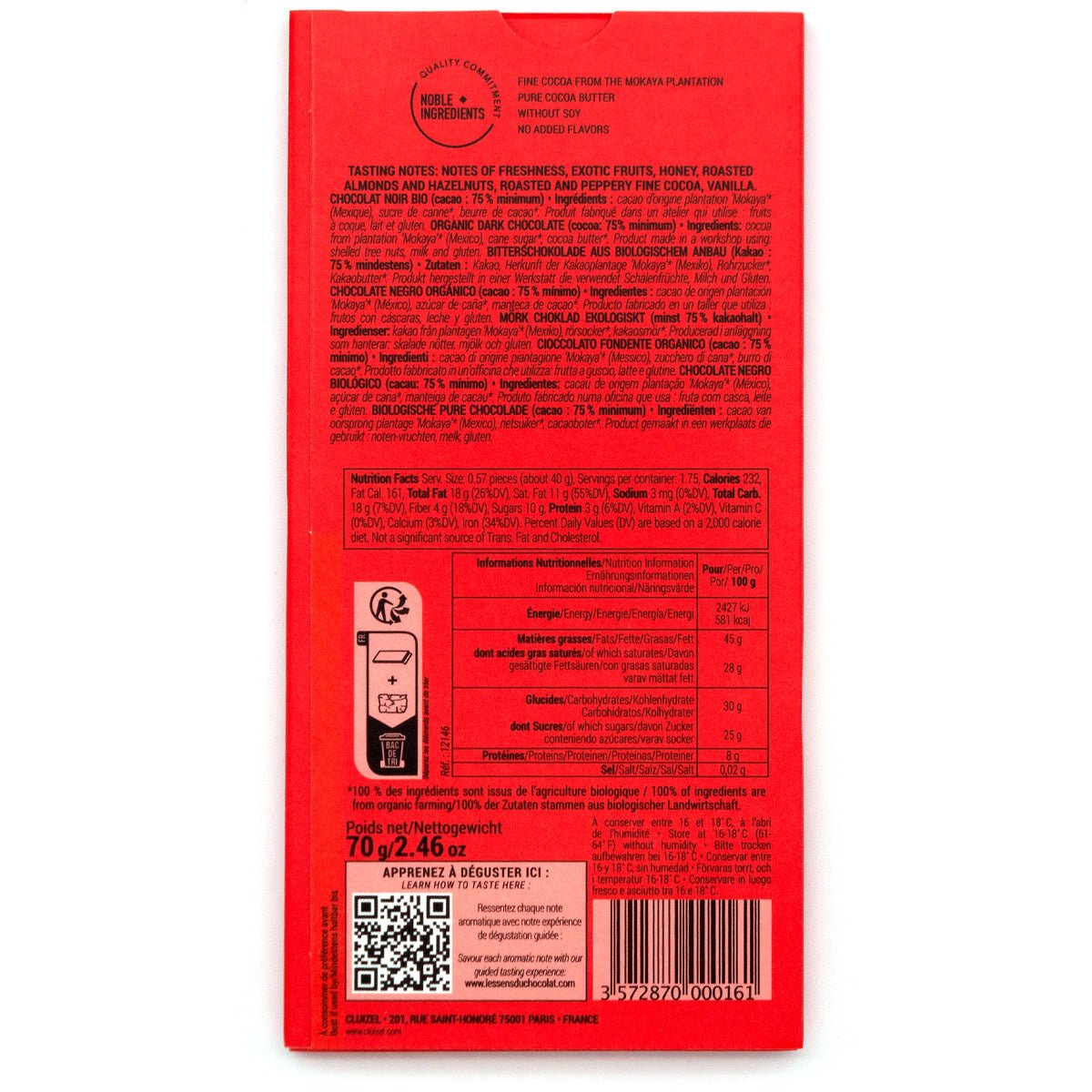Red chocolate bar packaging with text and a QR code on a white background