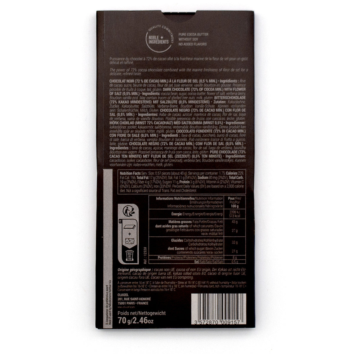 Michel Cluizel Noir Fleur De Sel 72% Dark Chocolate & Sea Salt Bar - 70g